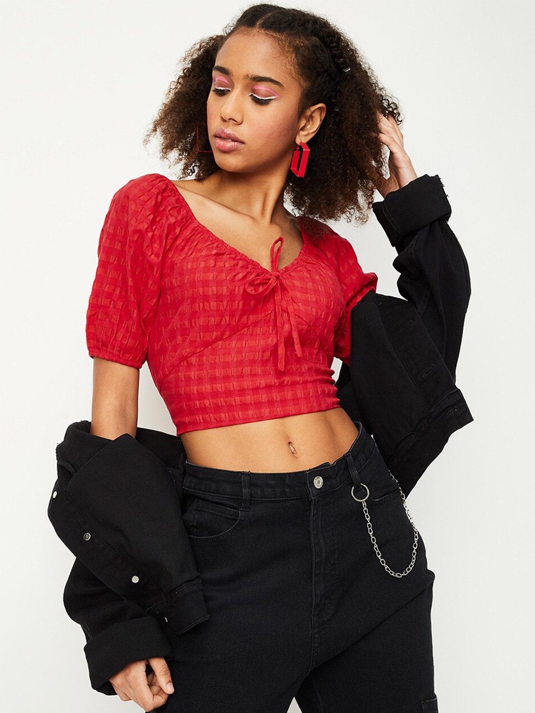 

max Striped Tie-Up Neck Smocked Crop Blouson Top, Red