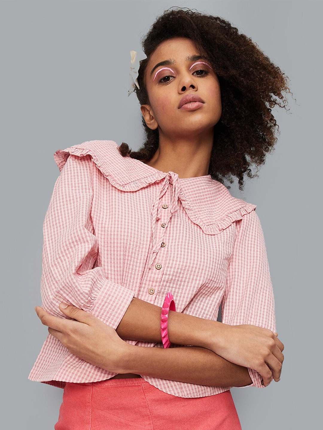 

max Checked Above the Keyboard Collar Pure Cotton Shirt Style Top, Pink