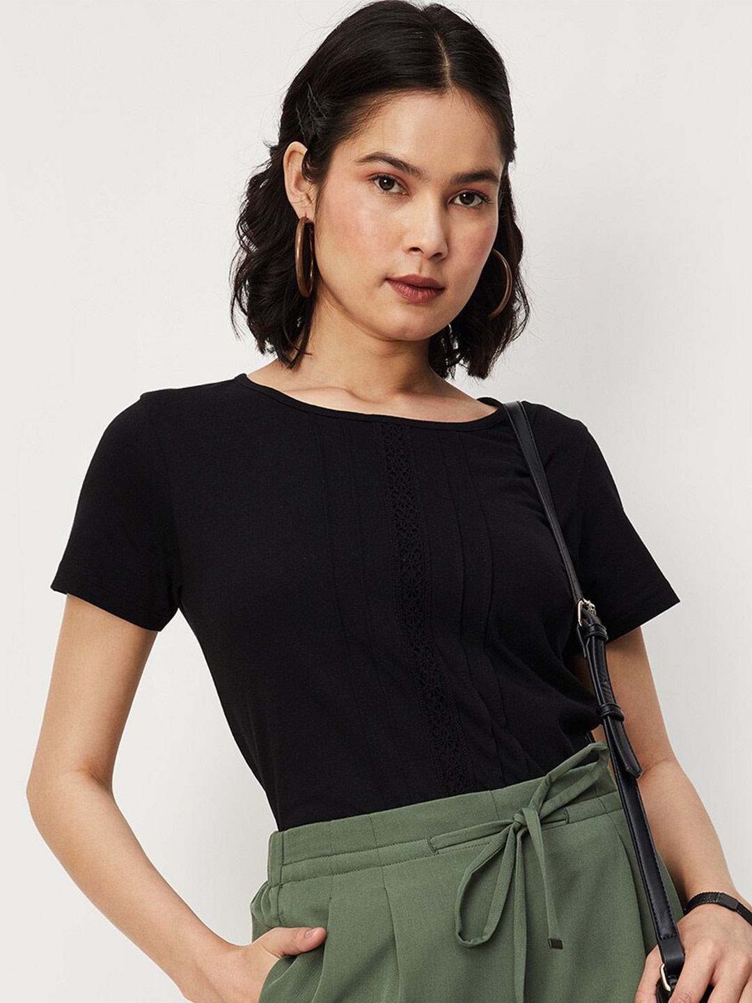 

max Boat Neck Short Sleeves Pure Cotton Top, Black