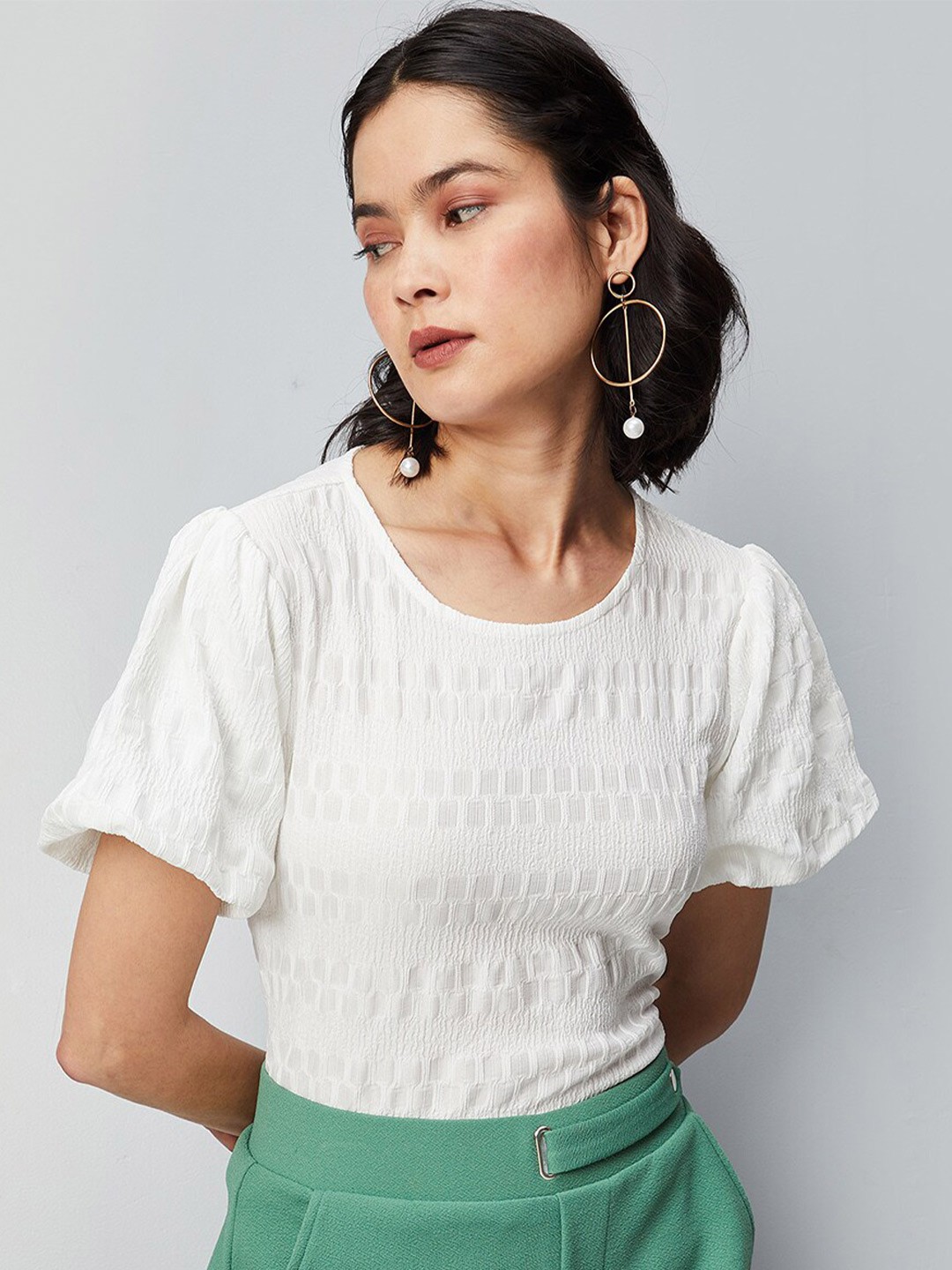 

max Self Design Round Neck Puff Sleeves Top, White