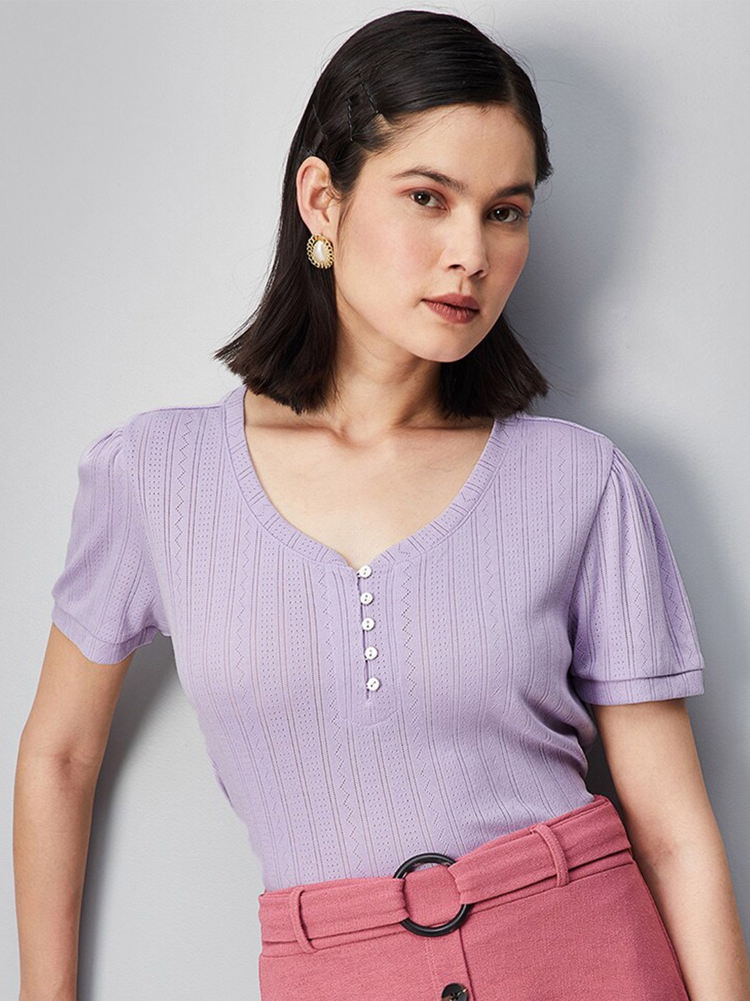 

max Striped Puff Sleeves Knitted Cotton T-Shirt, Lavender