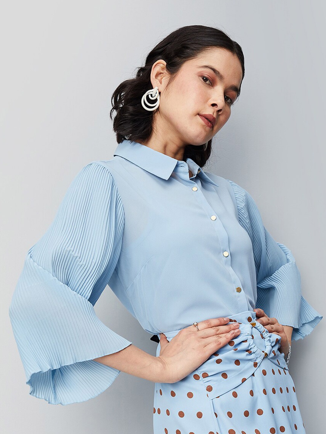 

max Pleated Bell Sleeves Shirt Style Top, Blue