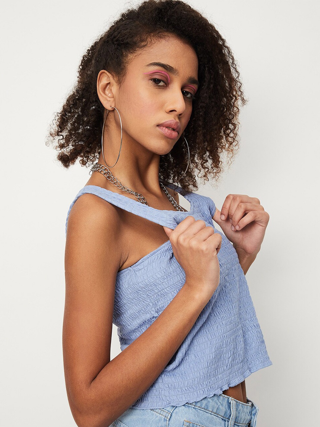 

max Smocked Cotton Crop Tank Top, Blue