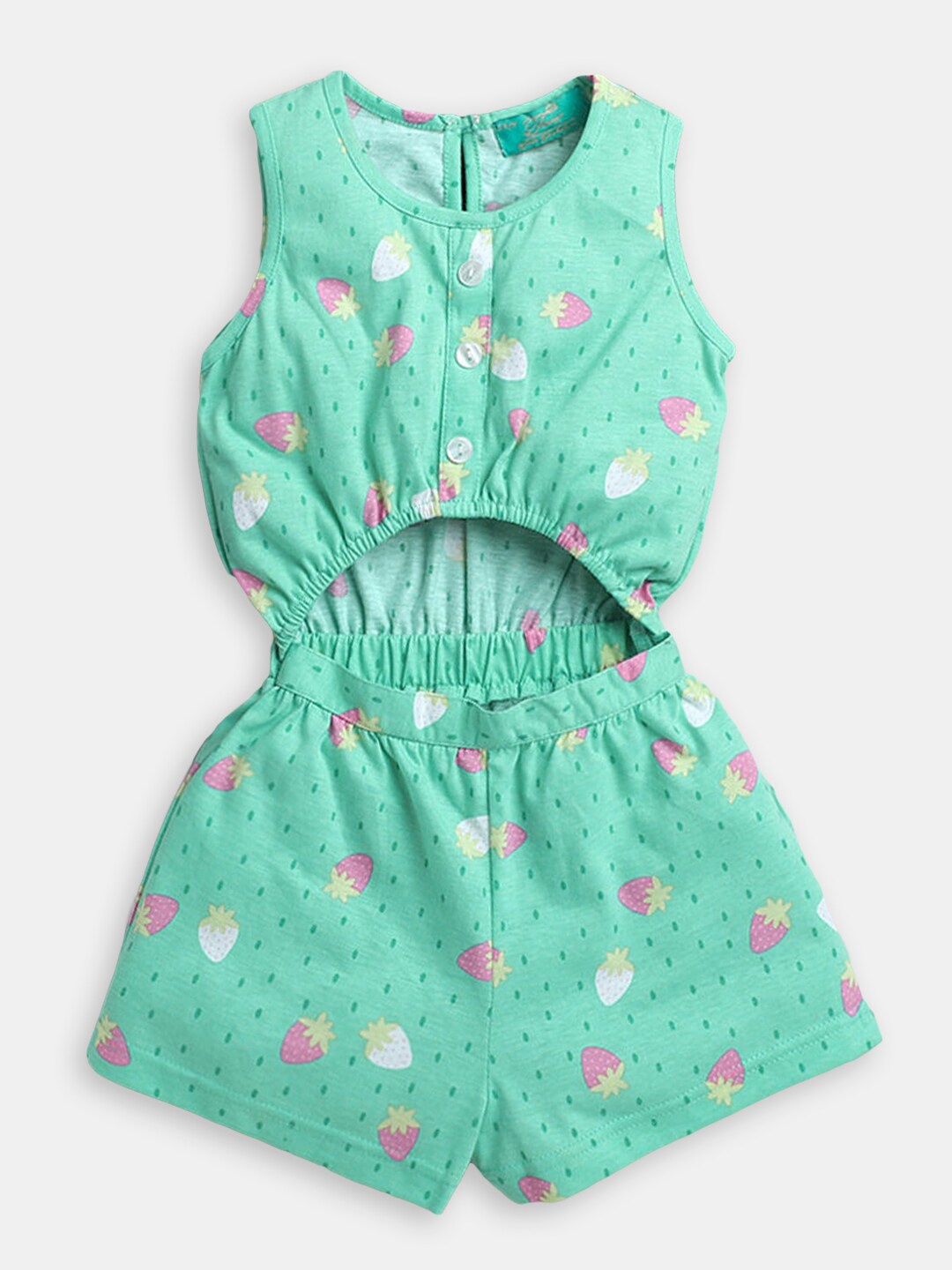

Hopscotch Girls Printed Cotton Sleeveless Jumpsuit, Sea green