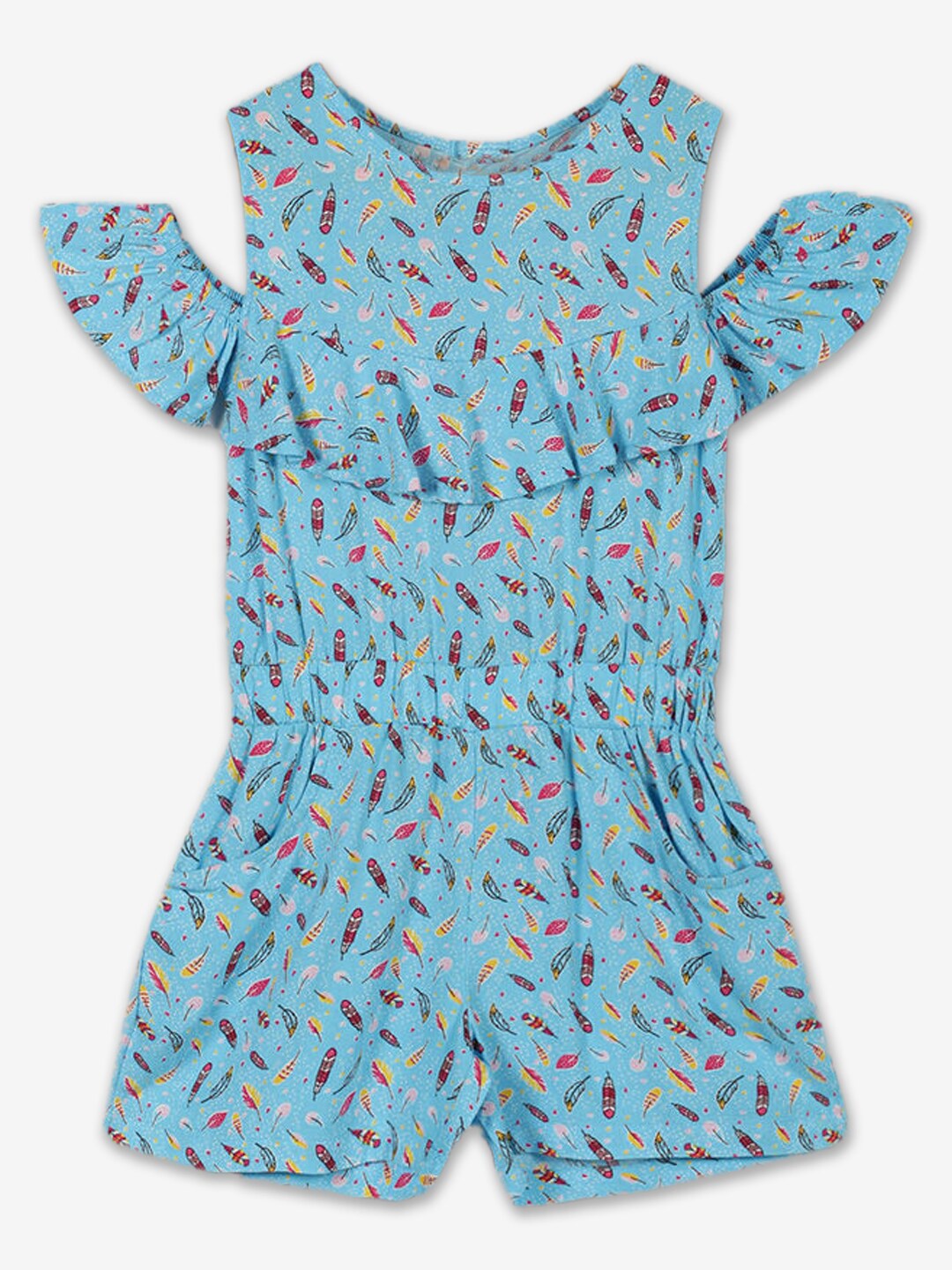 

Hopscotch Girls Printed Round Neck Playsuit, Turquoise blue