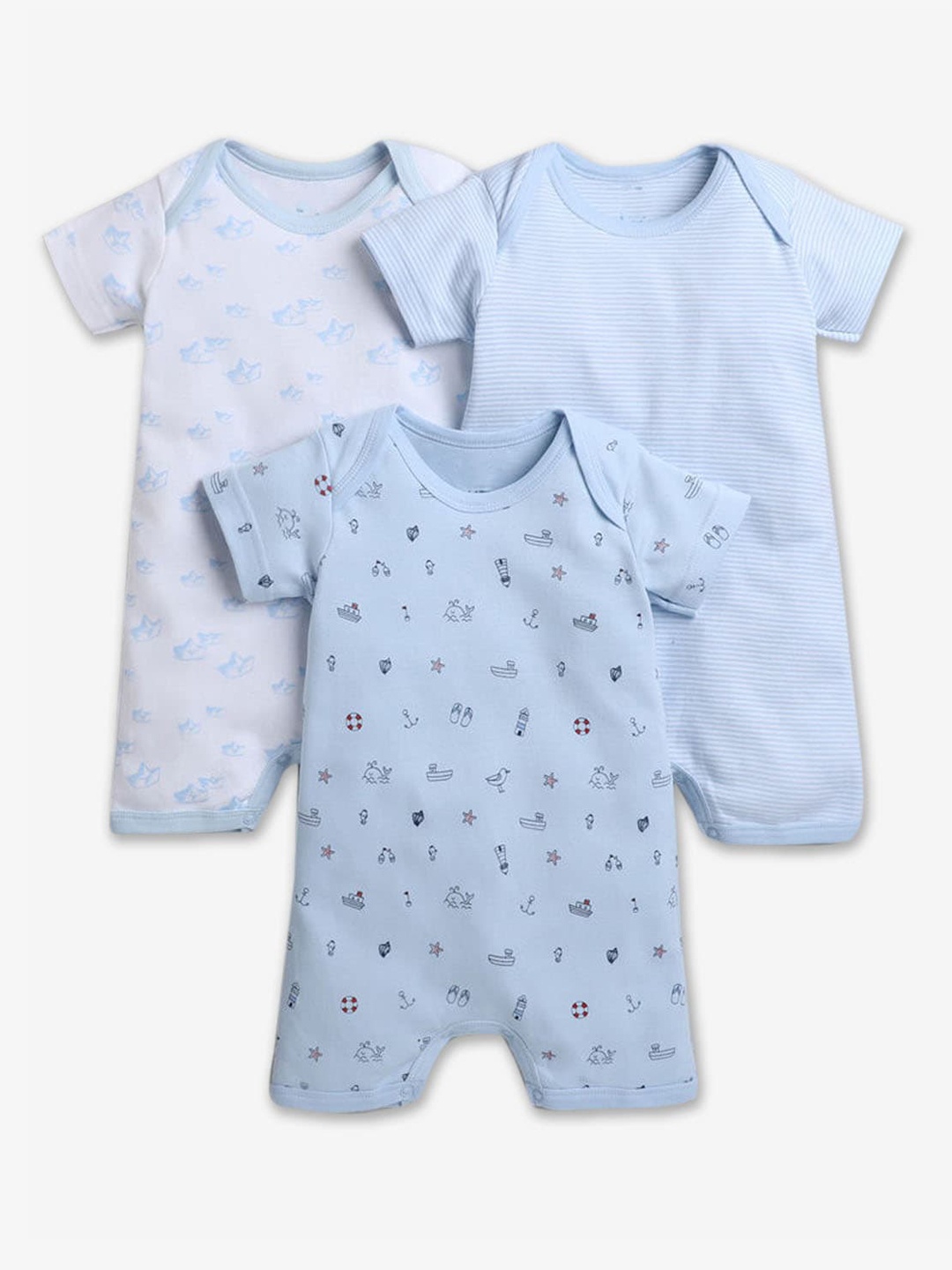 

Hopscotch Infant Boys Pack Of 3 Printed Cotton Rompers, Blue