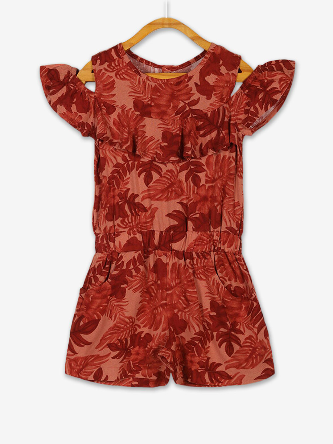 

Hopscotch Girls Printed Cold-Shoulder Sleeves Playsuits, Maroon