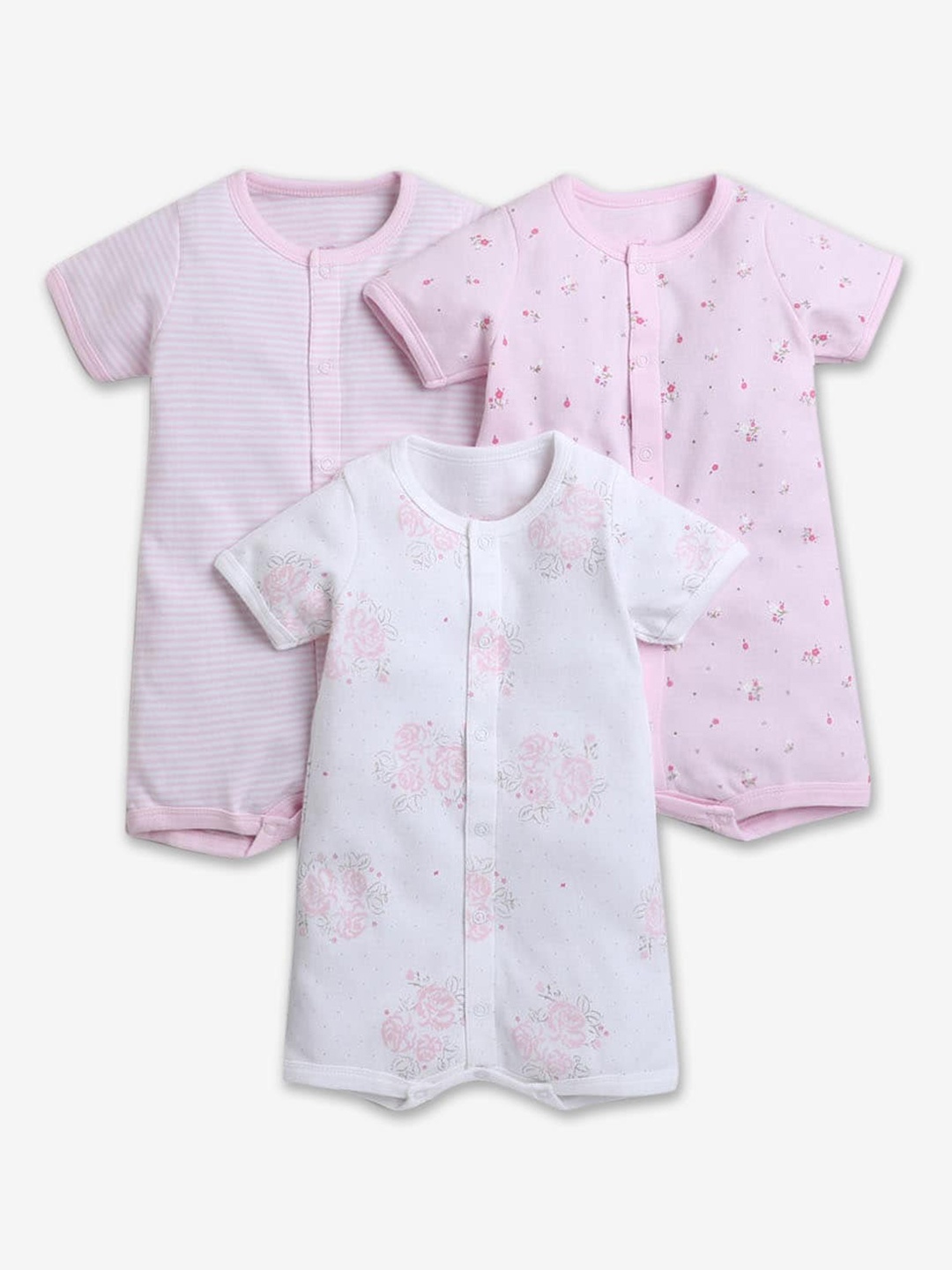 

Hopscotch Infant Girls Pack Of 3 Round Neck Cotton Rompers, Pink
