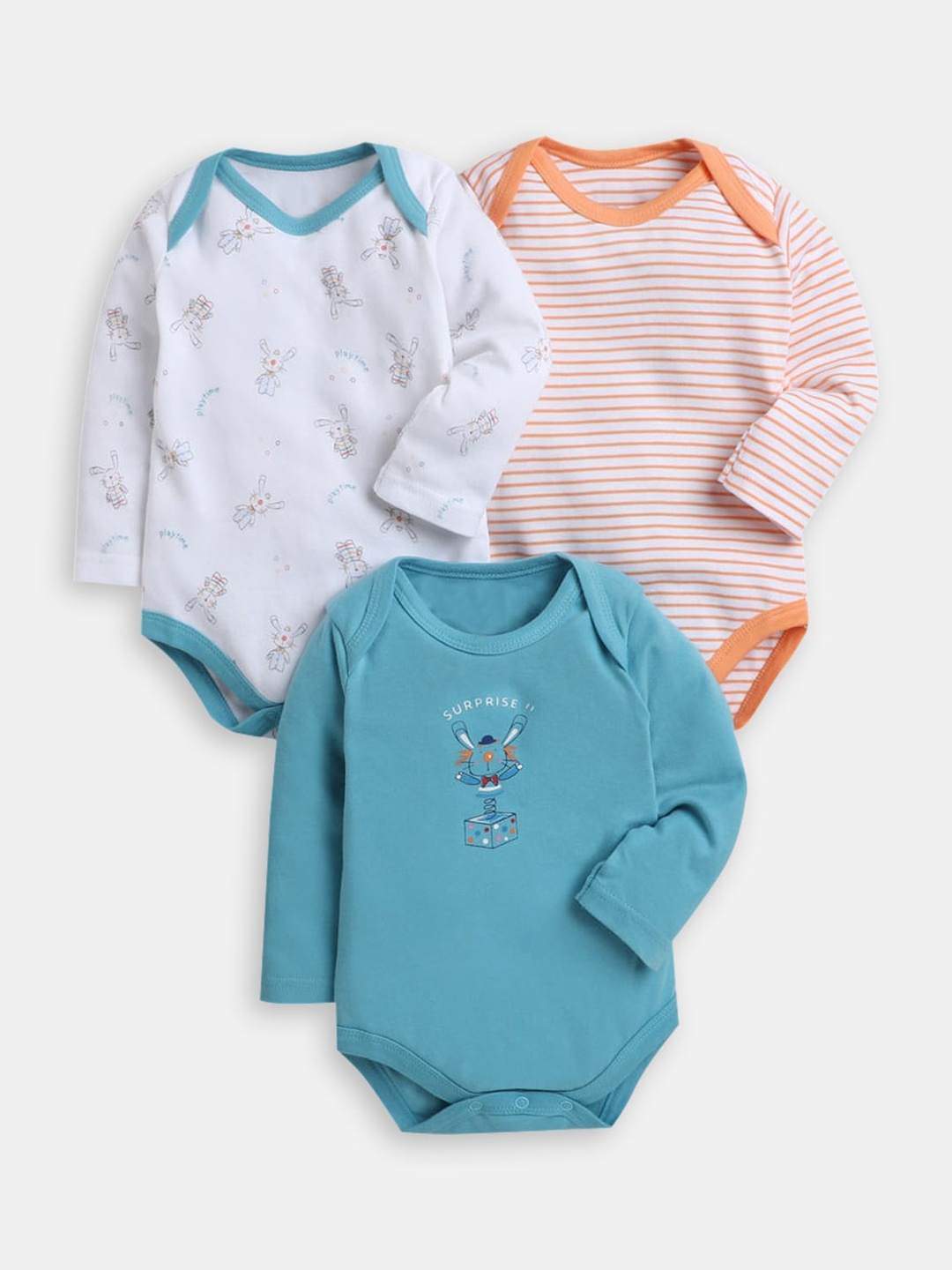 

Hopscotch Infant Boys 3Pcs Printed Cotton Rompers, White