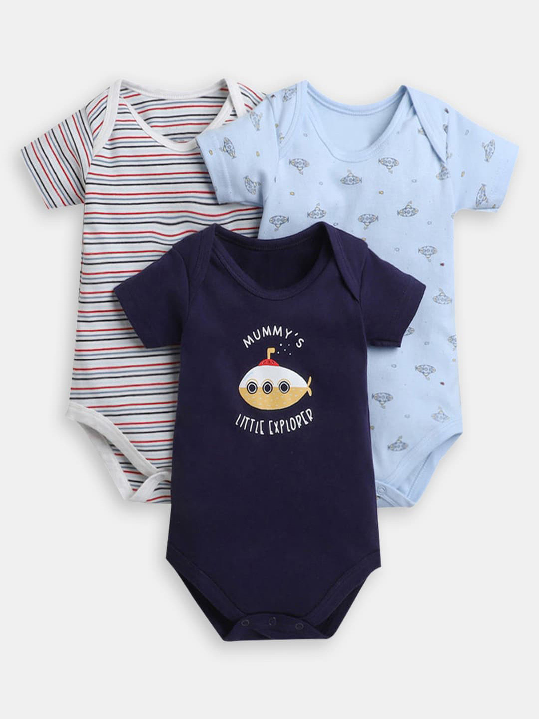 

Hopscotch Infant Boys 3Pcs Printed Cotton Rompers, Blue