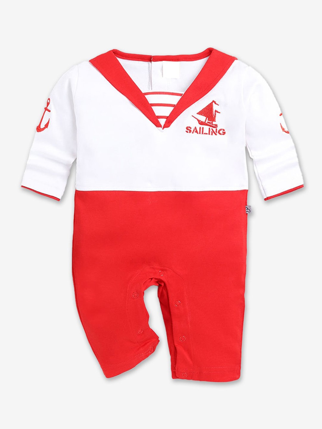 

Hopscotch Infant Boys Colourblocked Embroidered Detail Cotton Rompers, Red