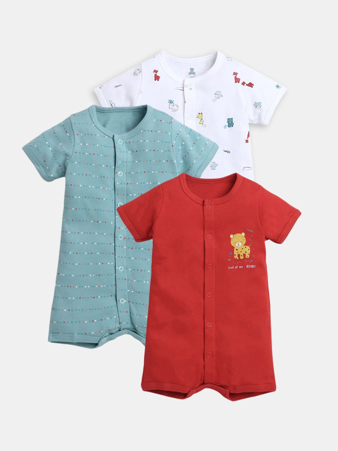 

Hopscotch Pack Of 3 Cotton Printed Rompers, Red