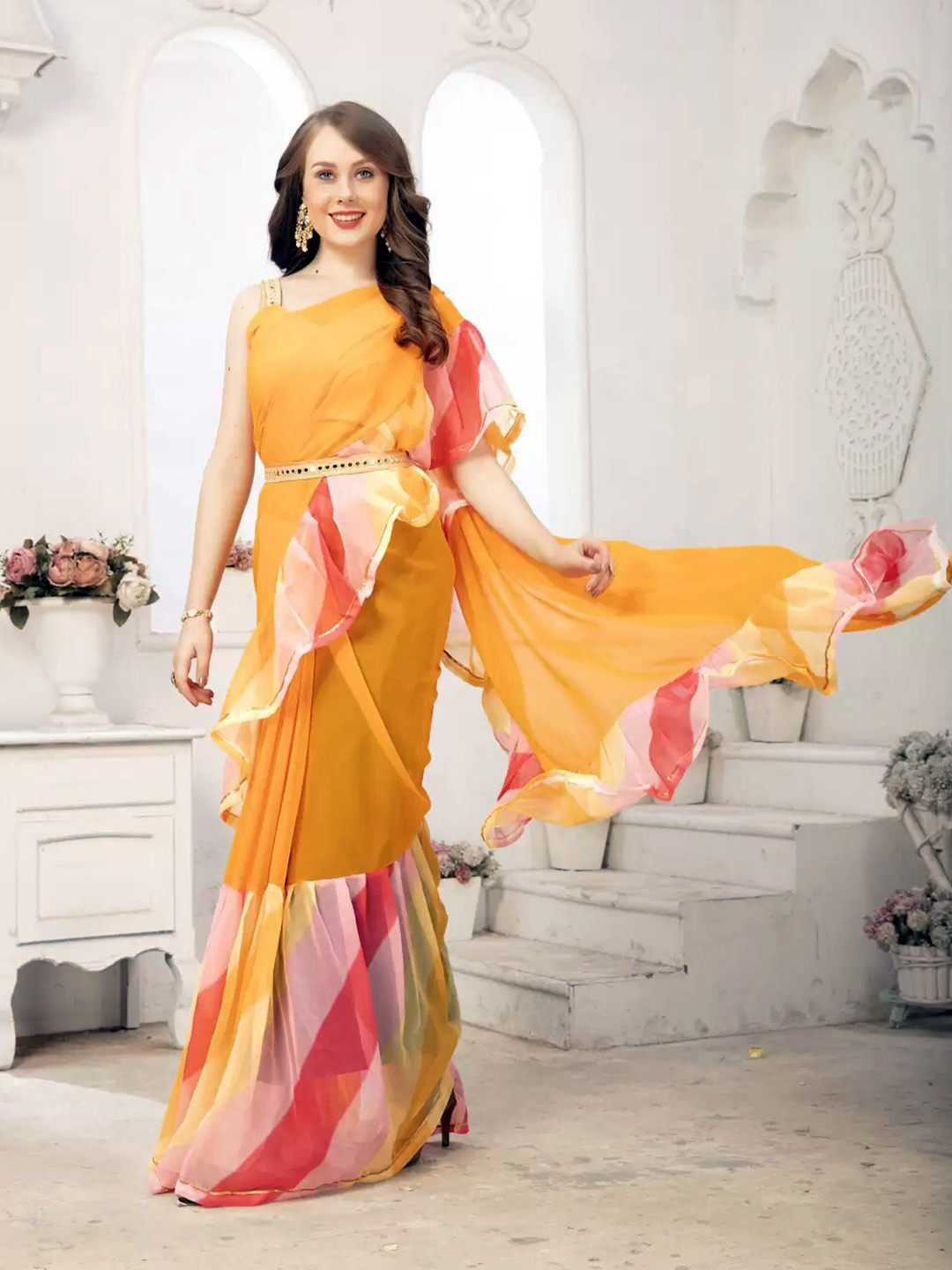 

B4ME.COM Pure Georgette Ruffles Leheriya Saree, Yellow