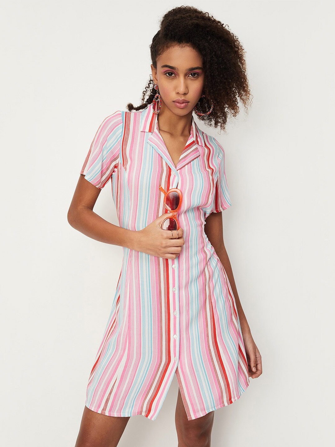 

max Striped Shirt Collar Cotton Shirt Dress, White