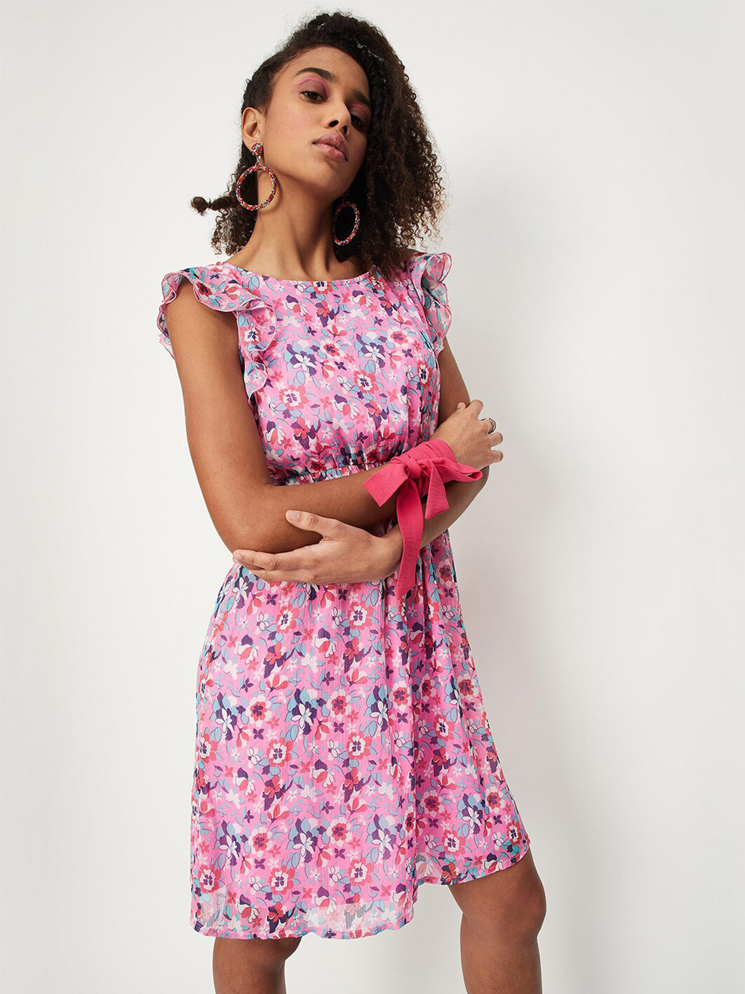 

max Floral Printed Flutter Sleeve A-Line Dress, Pink