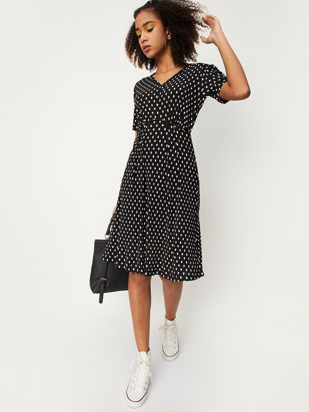 

max Polka Dot Print V-Neck Fit & Flare Dress, Black