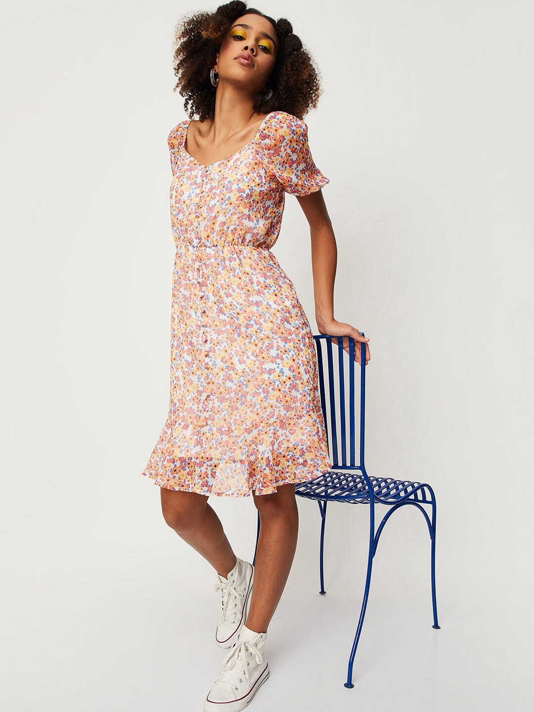 

max Floral Printed Fit & Flare Dress, White
