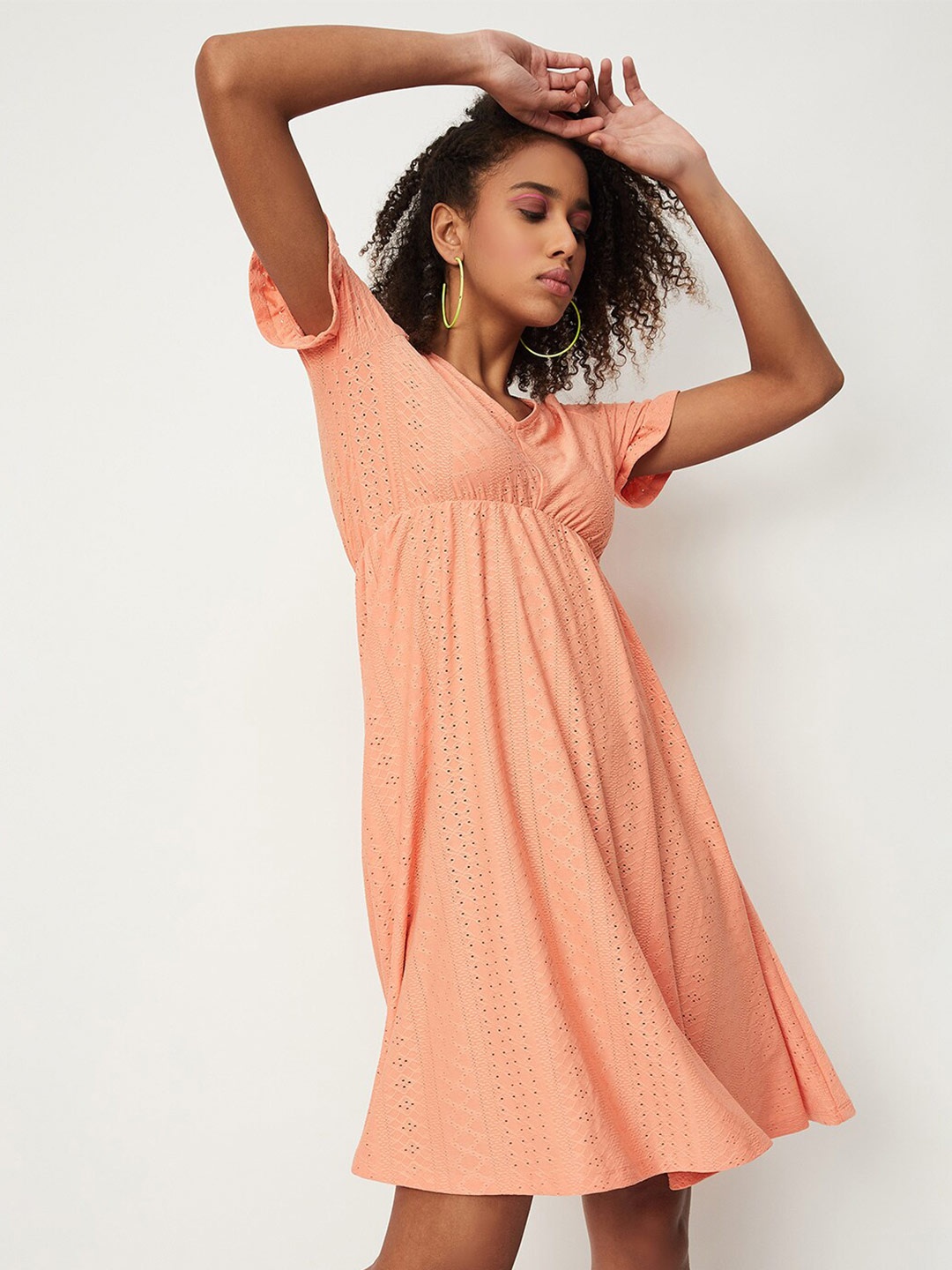 

max Self Design V-Neck Empire Dress, Peach