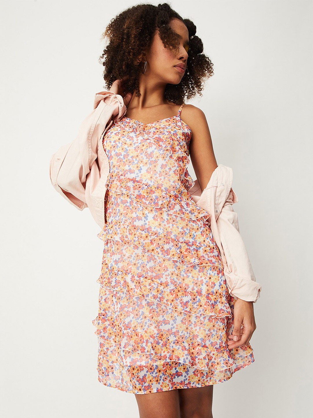

max Floral Printed Ruffled A-Line Dress, White