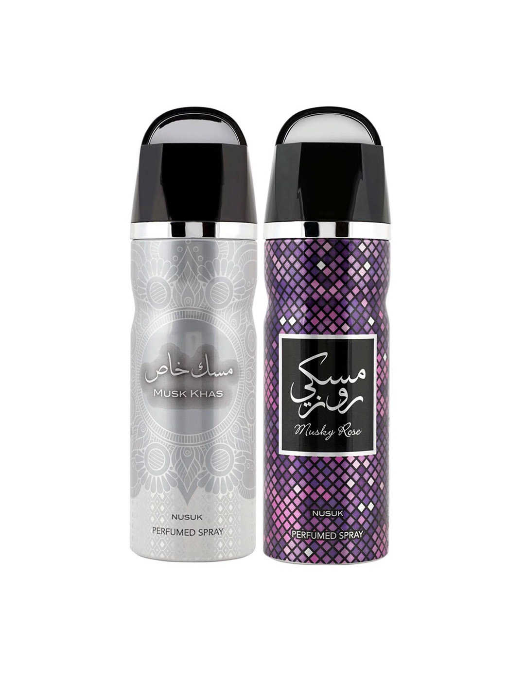 

NUSUK Set Of 2 Long Lasting Deodorant 200ml Each - Musk Khas & Musky Rose, Silver