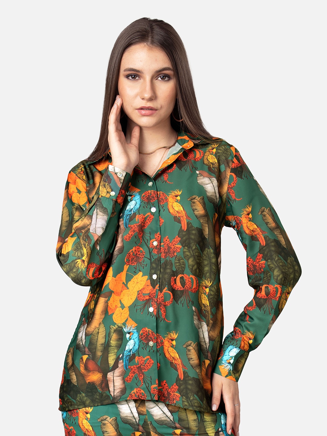 

NEOFAA Spread Collar Floral Printed Casual Shirt, Green