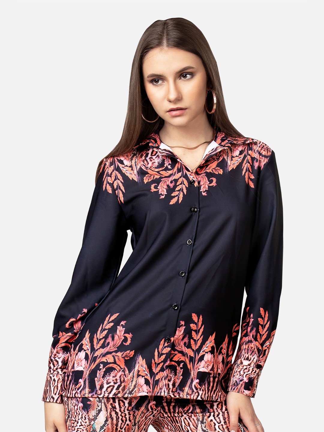 

NEOFAA Spread Collar Floral Printed Casual Shirt, Navy blue