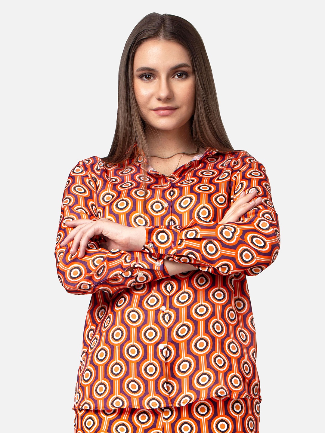 

NEOFAA Spread Collar Geometric Printed Casual Shirt, Orange