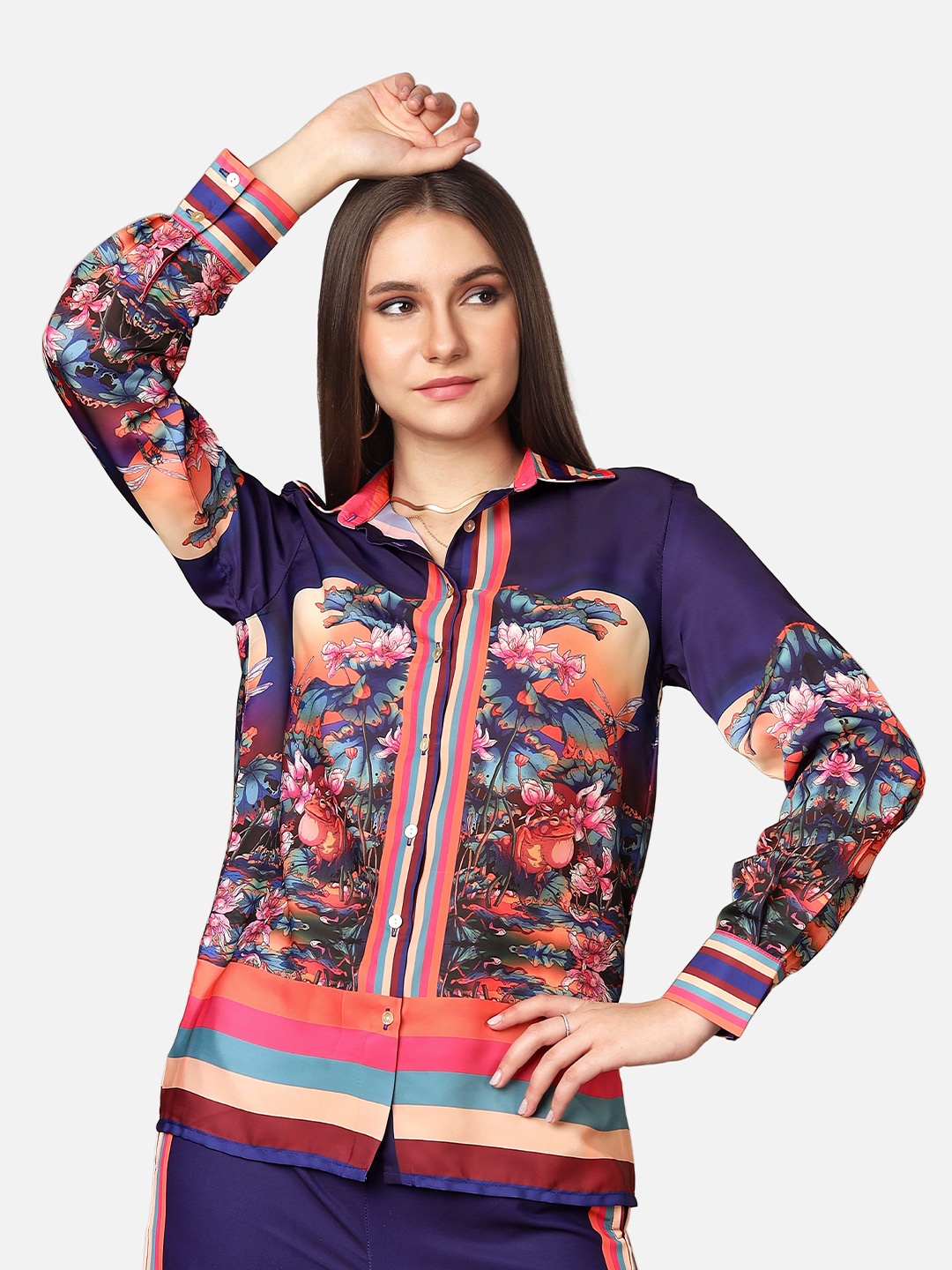 

NEOFAA Spread Collar Floral Printed Casual Shirt, Navy blue