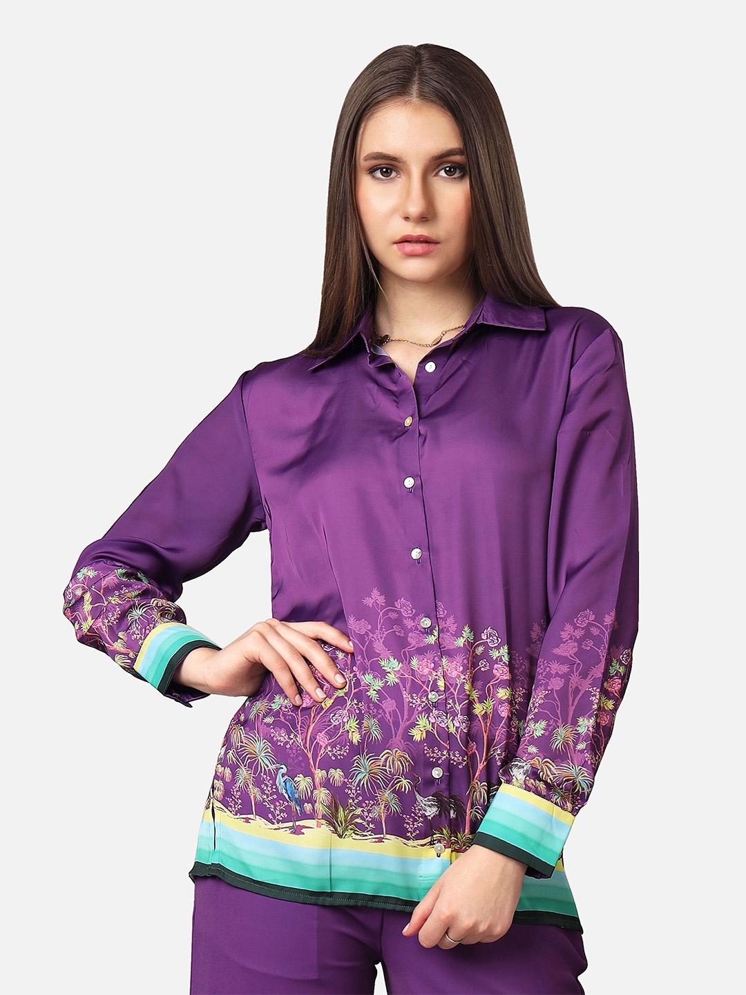 

NEOFAA Floral Printed Spread Collar Casual Shirt, Purple