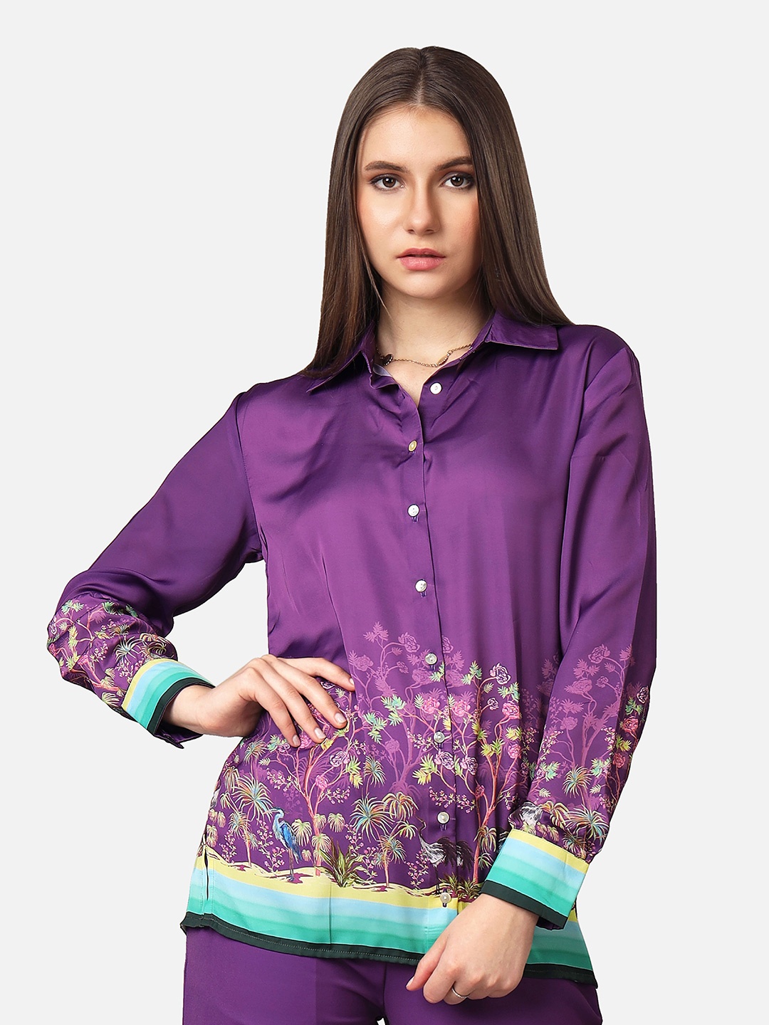 

NEOFAA Spread Collar Floral Printed Casual Shirt, Purple