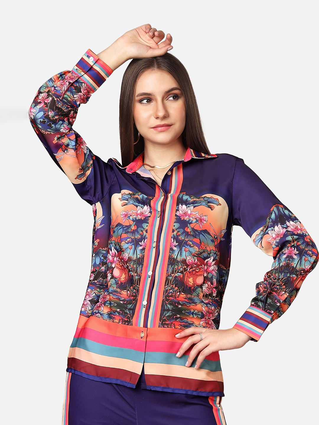 

NEOFAA Floral Printed Spread Collar Casual Shirt, Blue