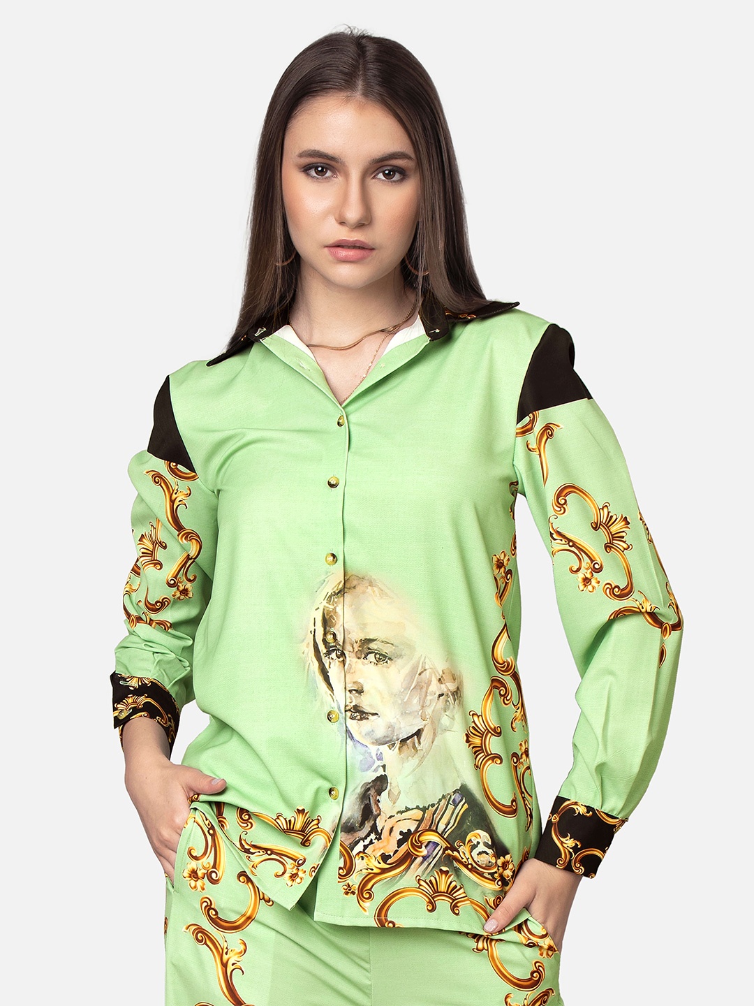 

NEOFAA Spread Collar Graphic Printed Casual Shirt, Teal