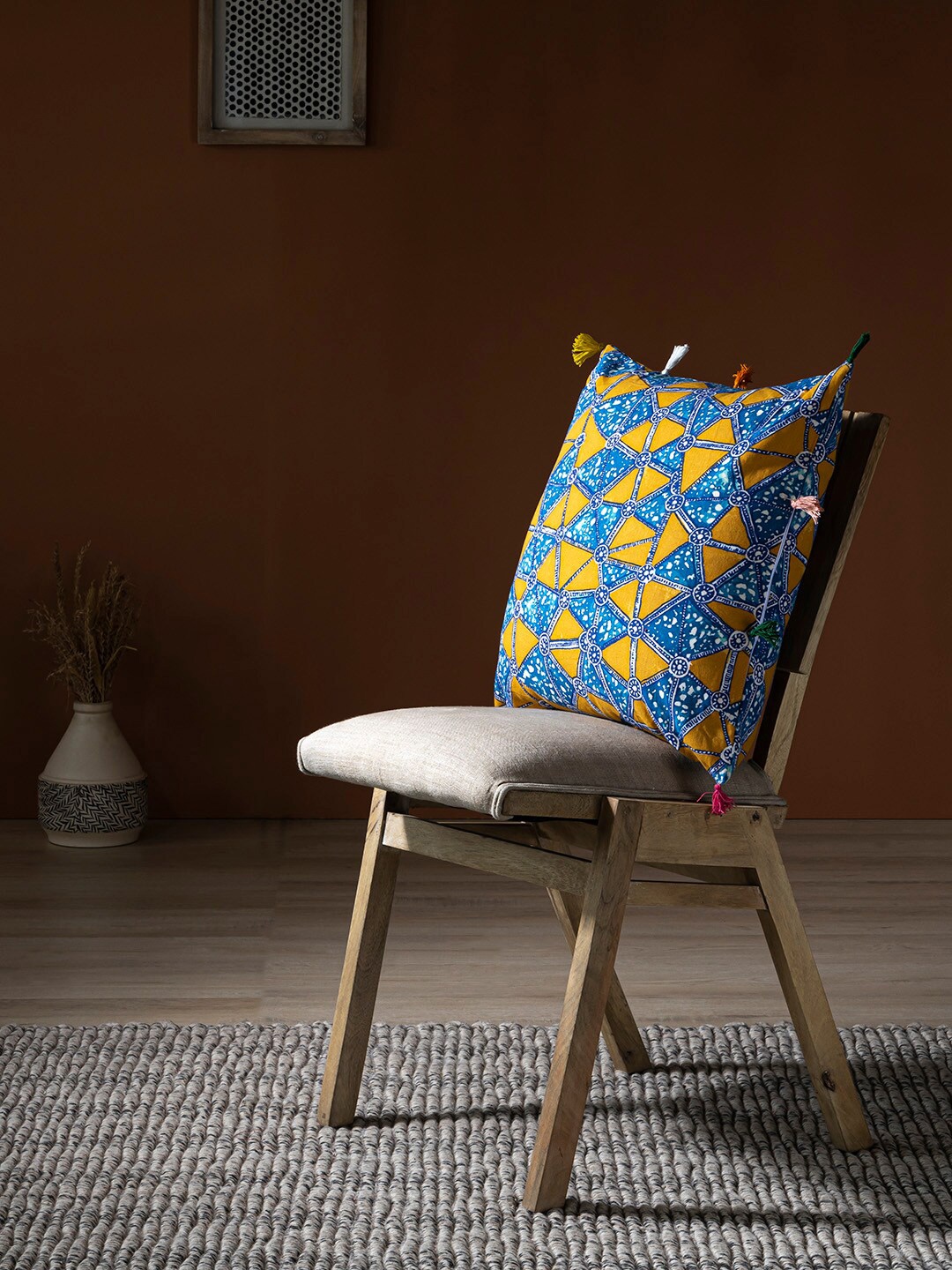 

Contrast Living Blue & Mustard Geometric Square Cotton Cushion Cover