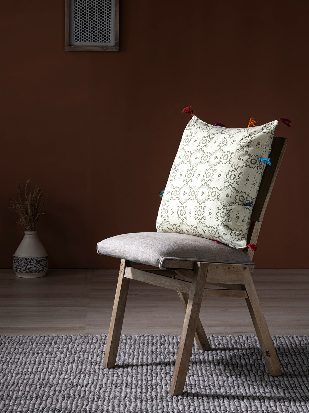 

Contrast Living Cream-Coloured & Green Floral Printed Square Cotton Cushion Cover