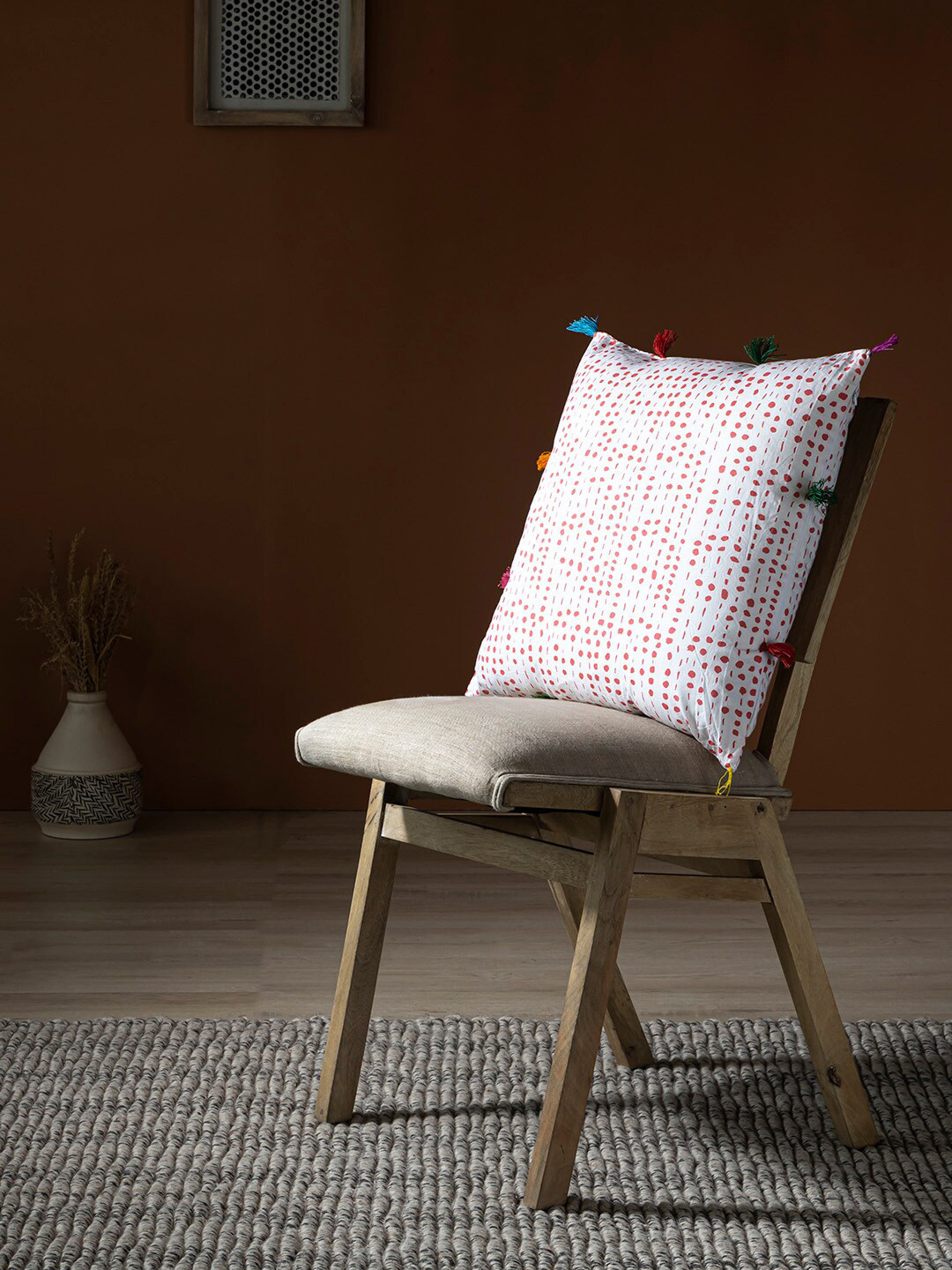 

Contrast Living Peach-Coloured & White Printed Square Cotton Cushion Cover