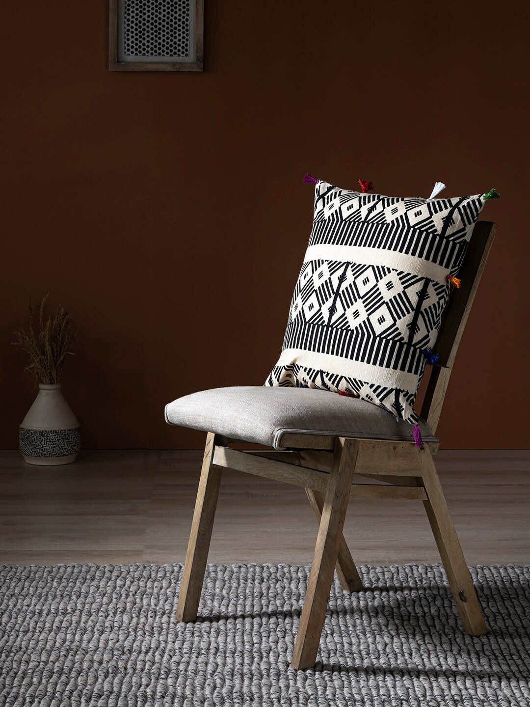 

Contrast Living Beige & Black Ethnic Motifs Square Cotton Cushion Cover