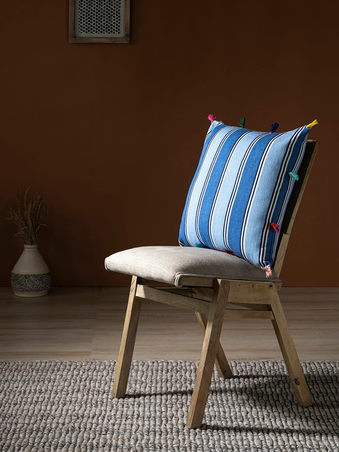 

Contrast Living Blue & White Striped Square Cotton Cushion Cover