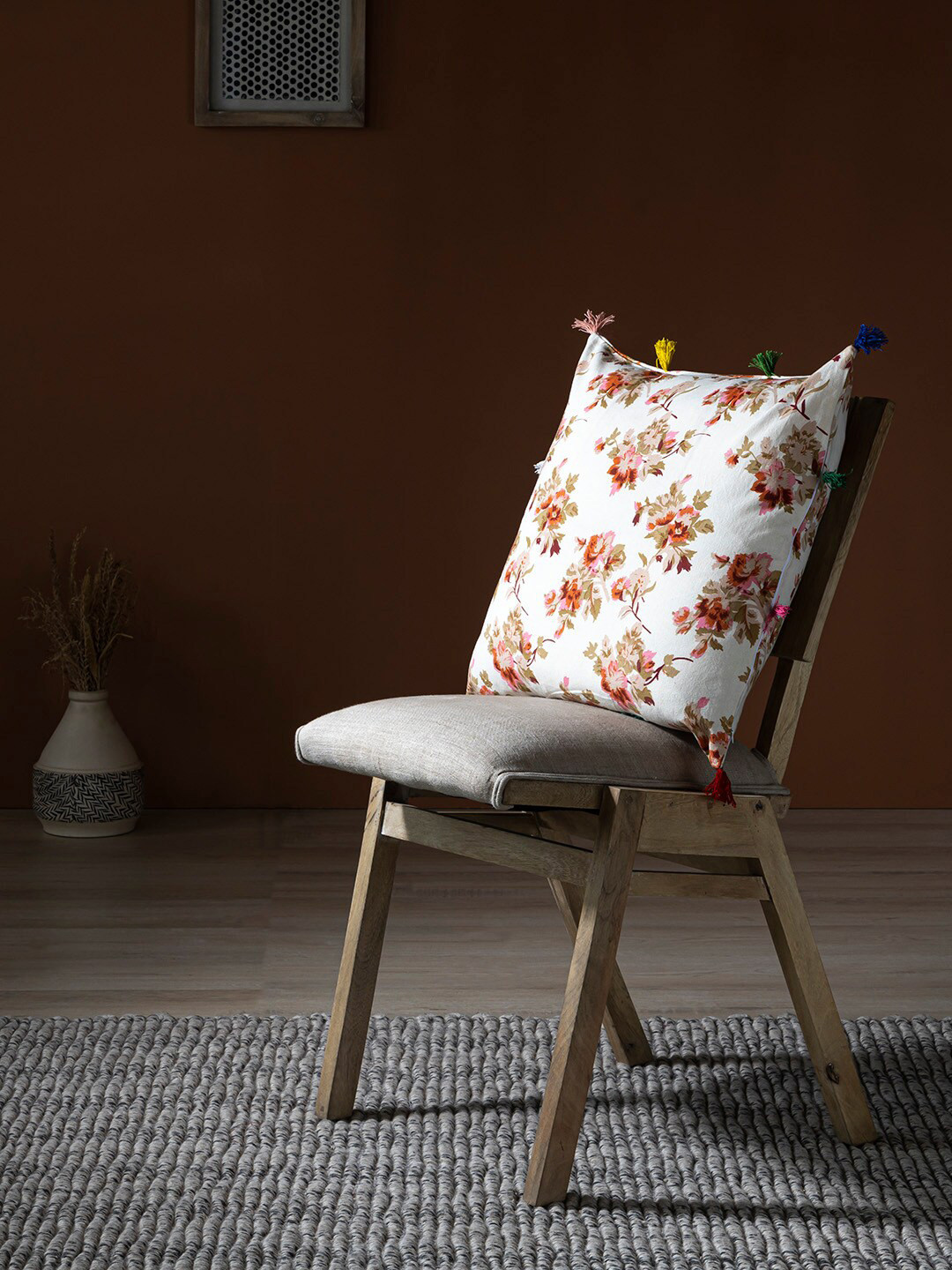 

Contrast Living Beige & Orange Floral Printed Square Cotton Cushion Cover