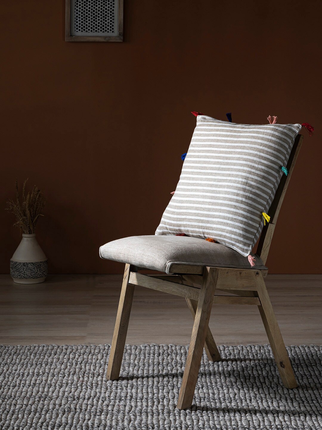 

Contrast Living Brown & White Striped Linen Square Cotton Cushion Cover