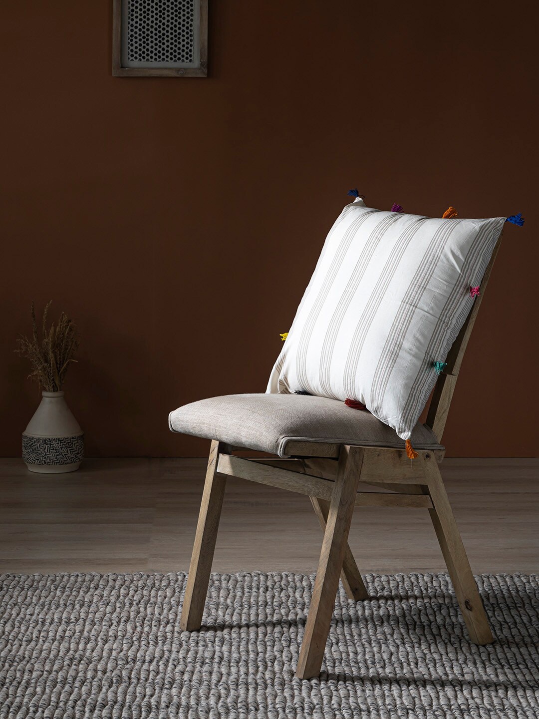 

Contrast Living Beige & Brown Striped Square Cotton Cushion Cover