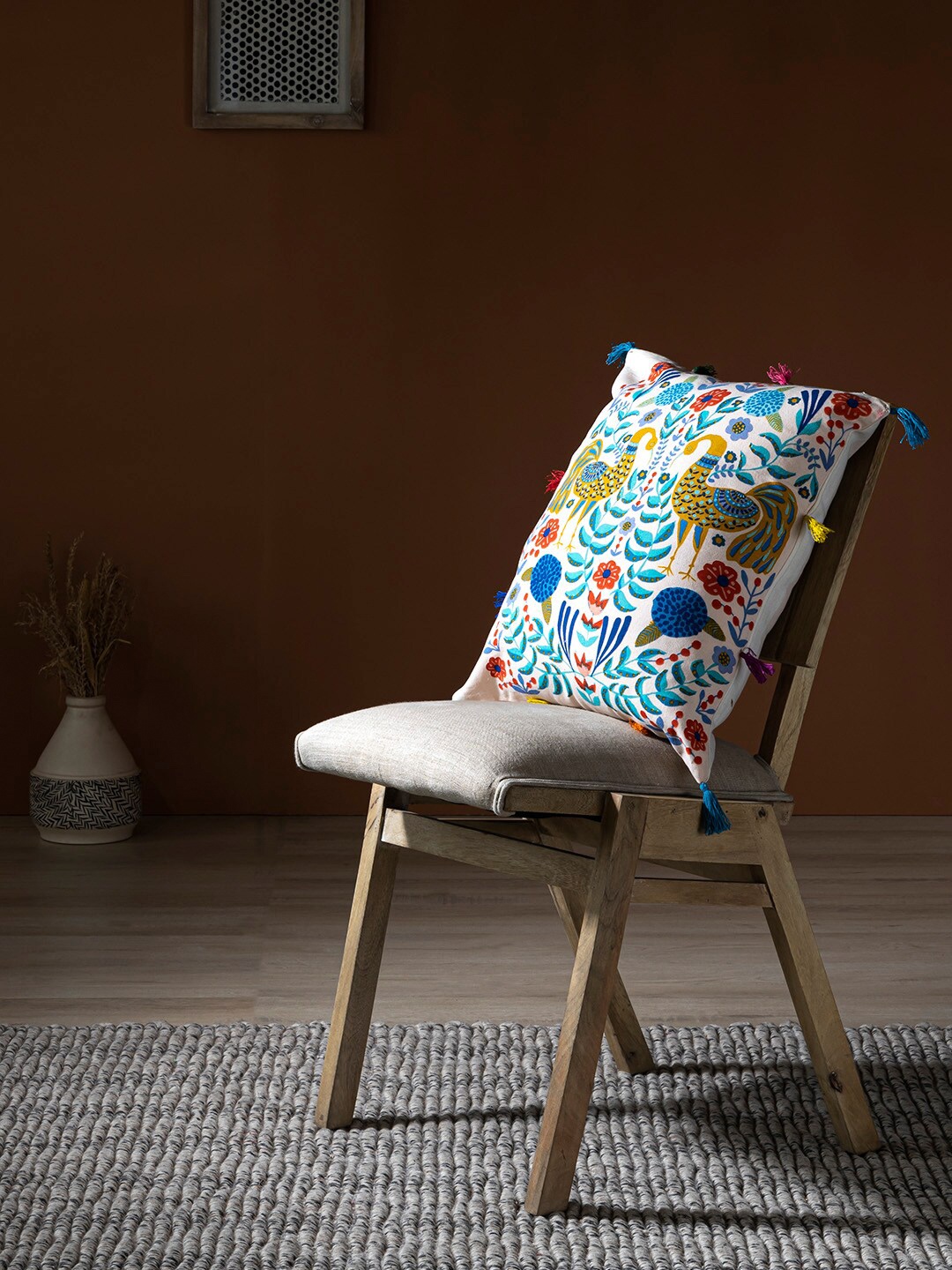 

Contrast Living Beige & Blue Floral Printed Square Cotton Cushion Cover