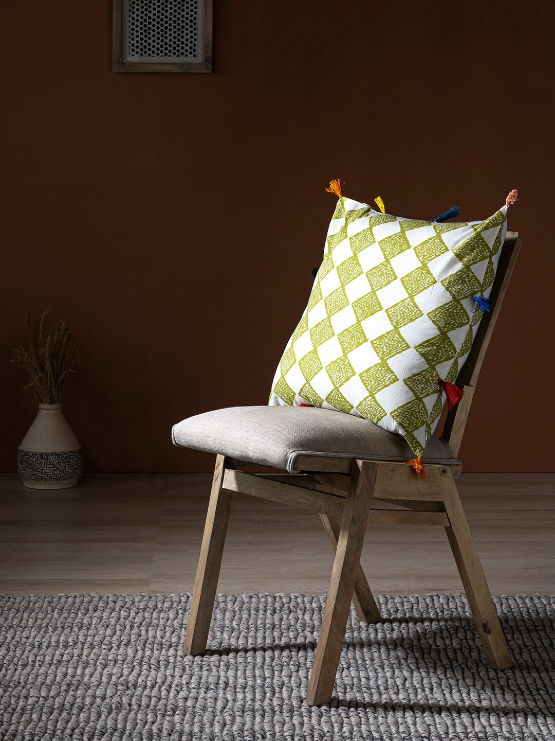 

Contrast Living Green & Beige Geometric Printed Square Cushion Cover With Tassels