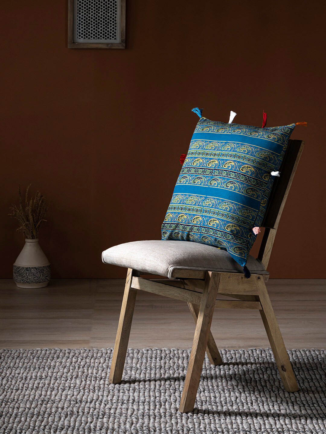 

Contrast Living Blue & Green Ethnic Motifs Square Cotton Cushion Cover