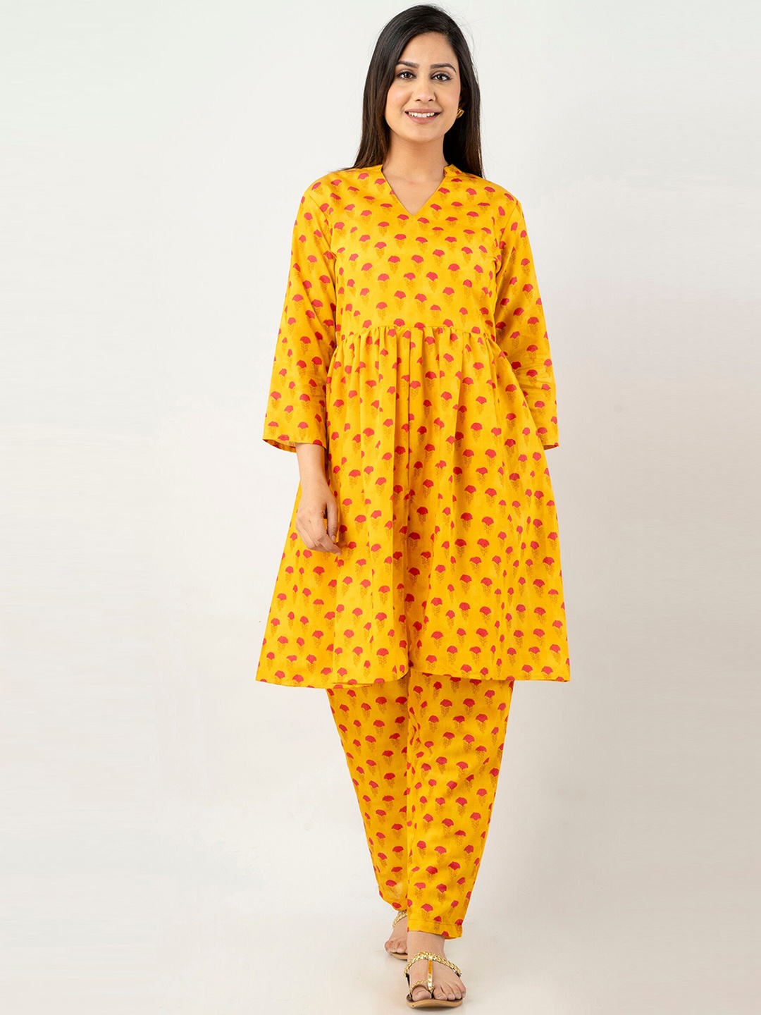 

Tetalee Floral Printed Anarkali Pure Cotton Kurta with Trousers, Mustard