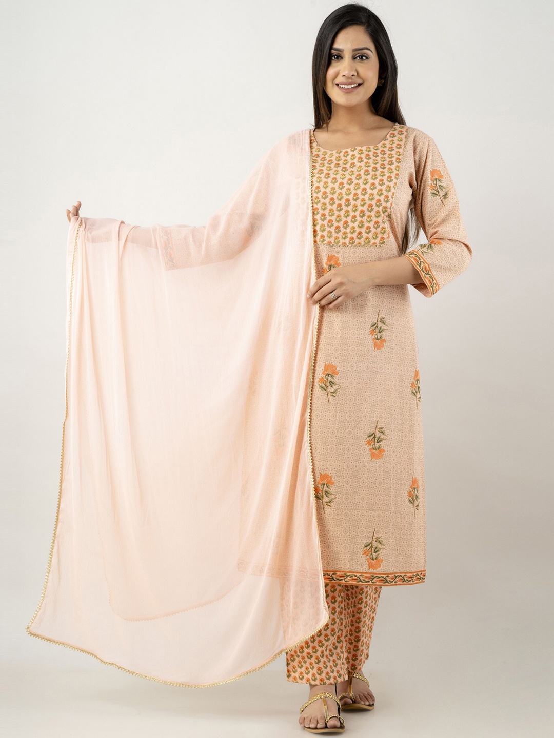 

Tetalee Floral Printed Gotta Patti Pure Cotton Kurta With Trousers & Dupatta, Peach