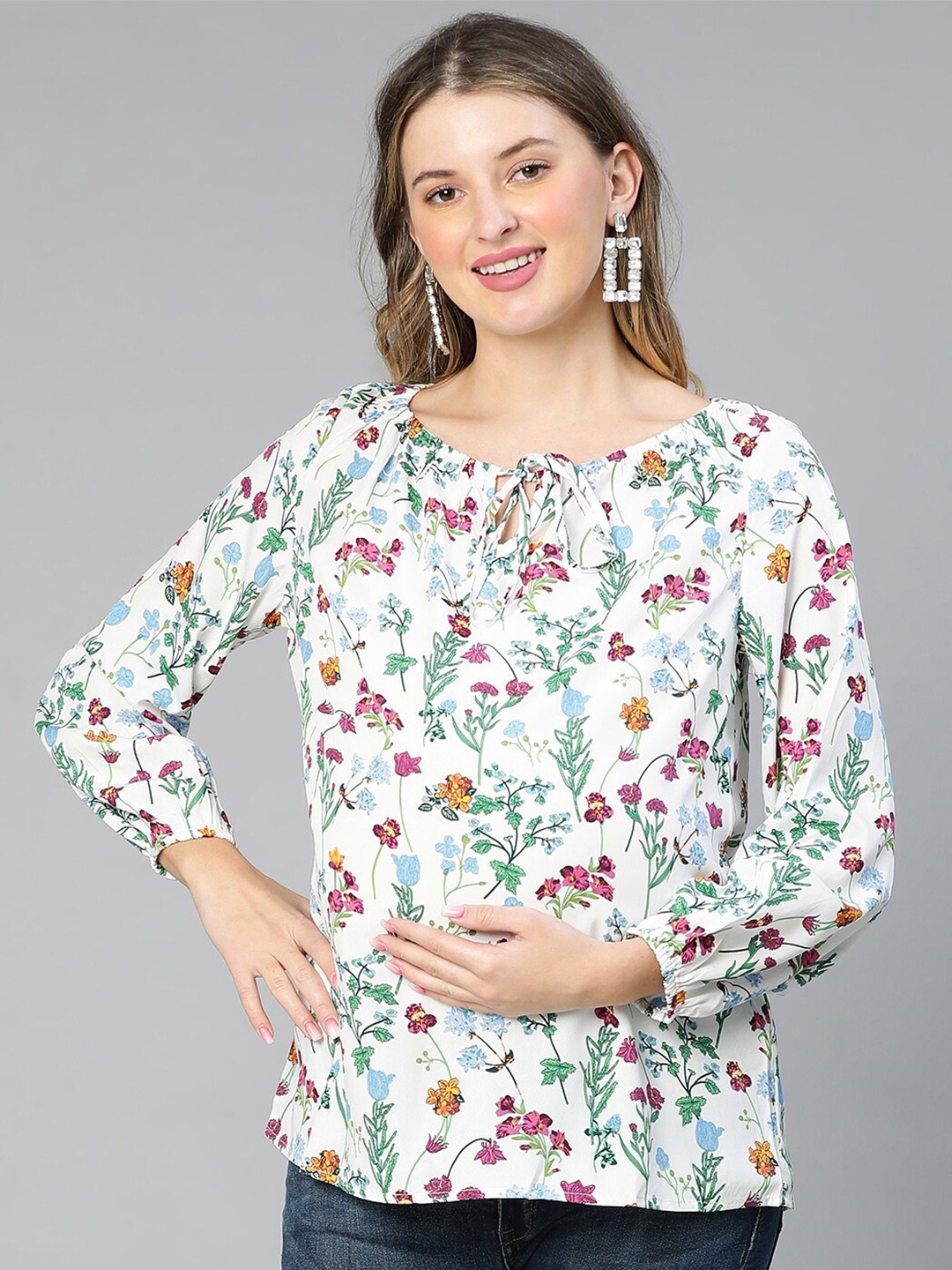 

Oxolloxo Floral Printed Tie-Up Neck Crepe Maternity Top, White