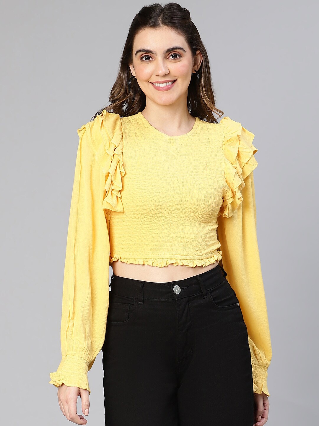 

Oxolloxo Smocked & Ruffled Detail Puff Sleeves Crepe Crop Top, Yellow