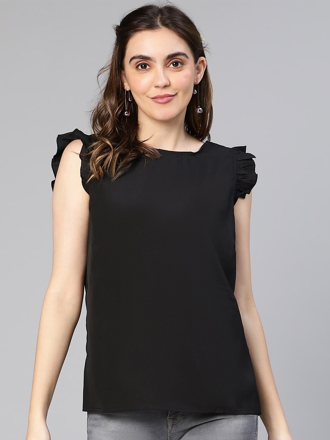 

Oxolloxo Flutter Sleeve Ruffles Crepe Top, Black