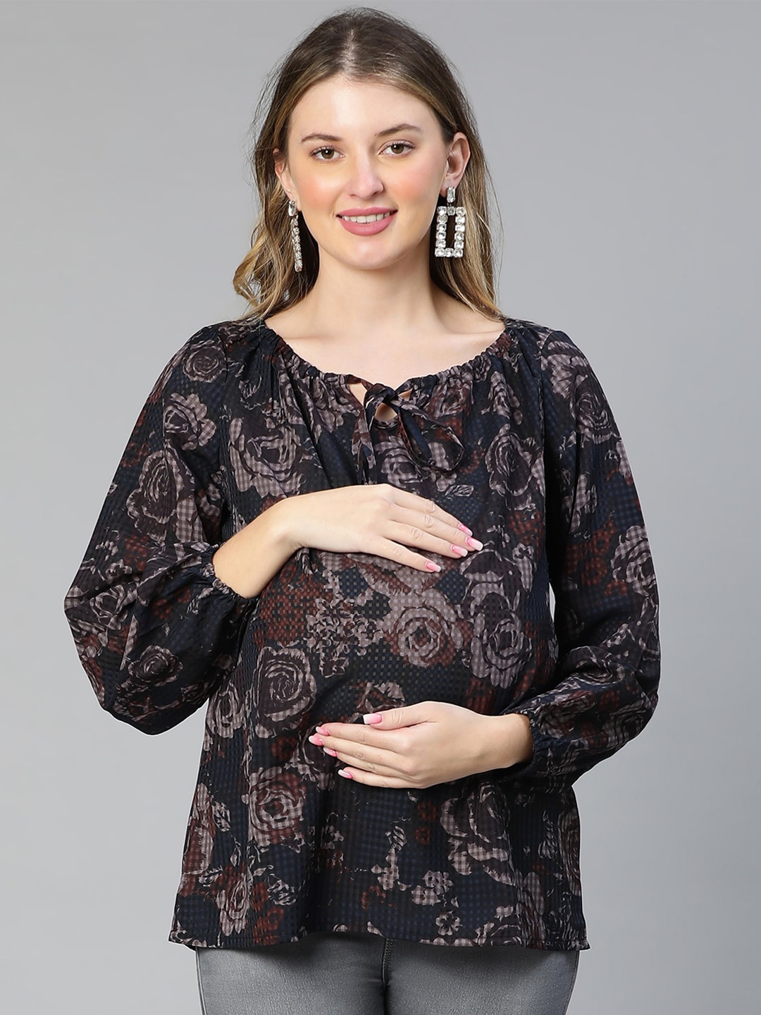 

Oxolloxo Print Tie-Up Neck Crepe Maternity Top, Black