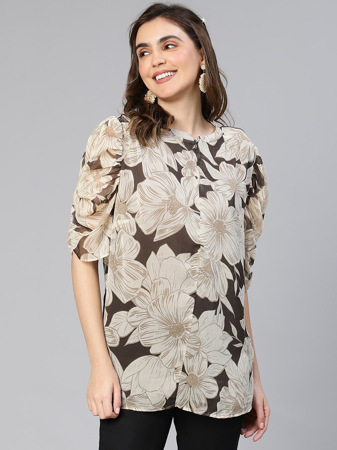 

Oxolloxo Floral Printed Round Neck Chiffon Casual Top, Brown